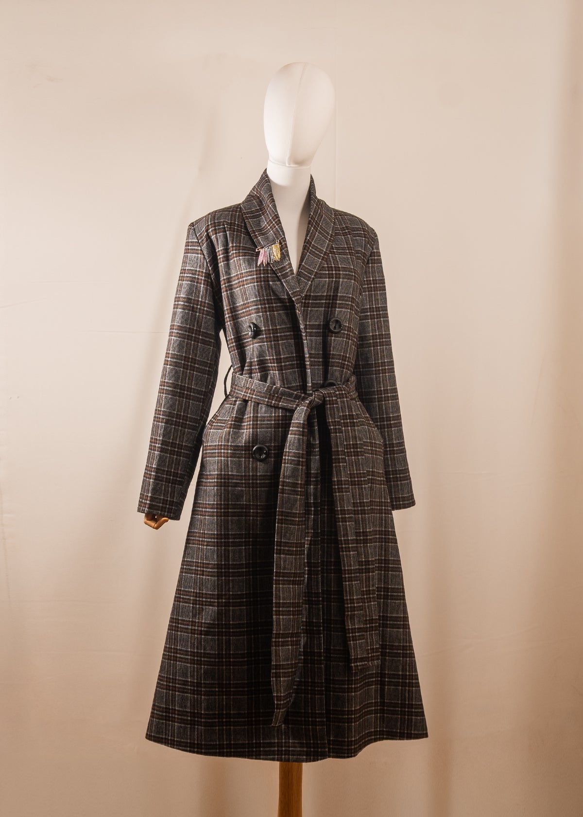 Brown Checked Belted Coat