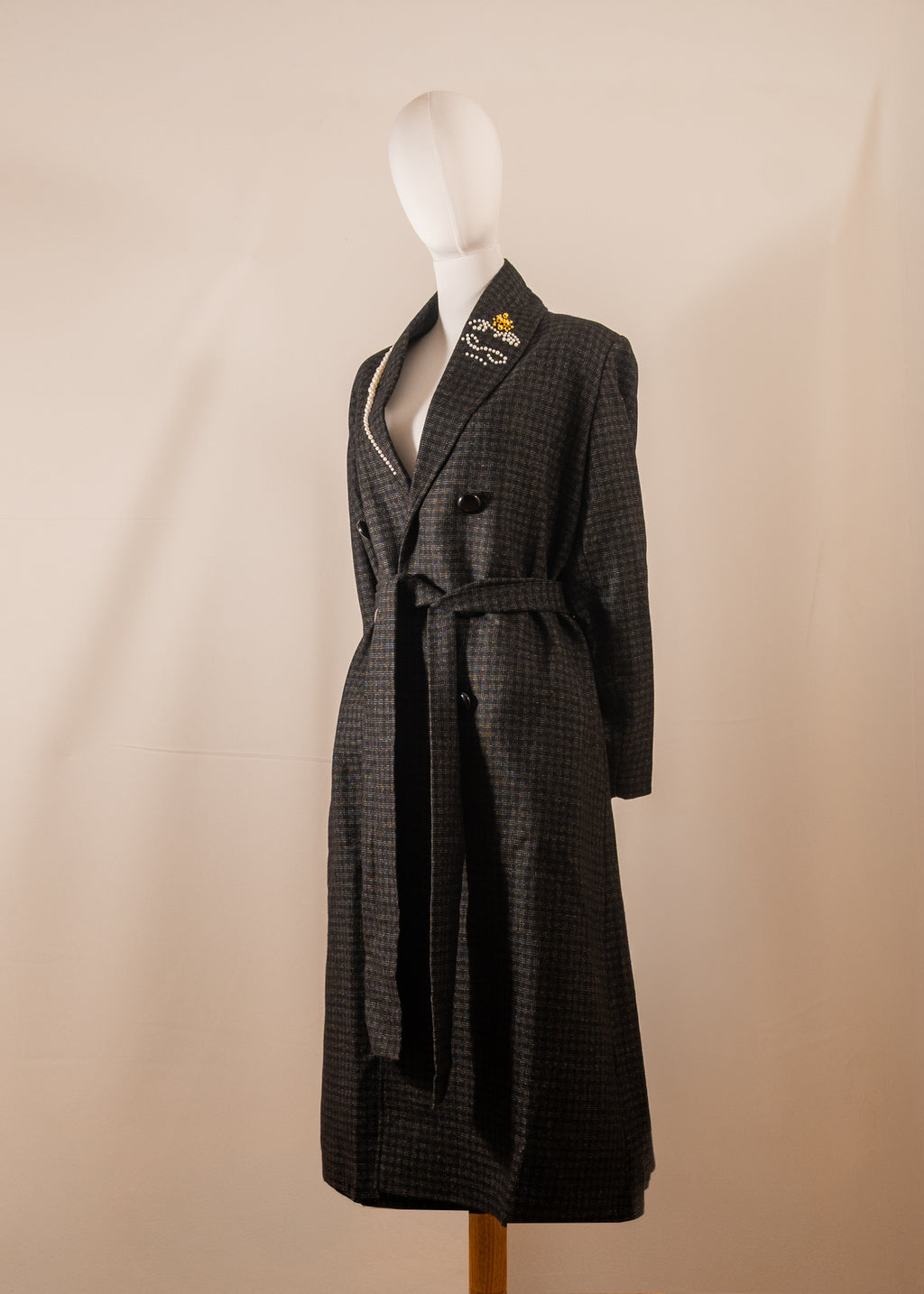 Grey Checked Coat with Embellished Collar