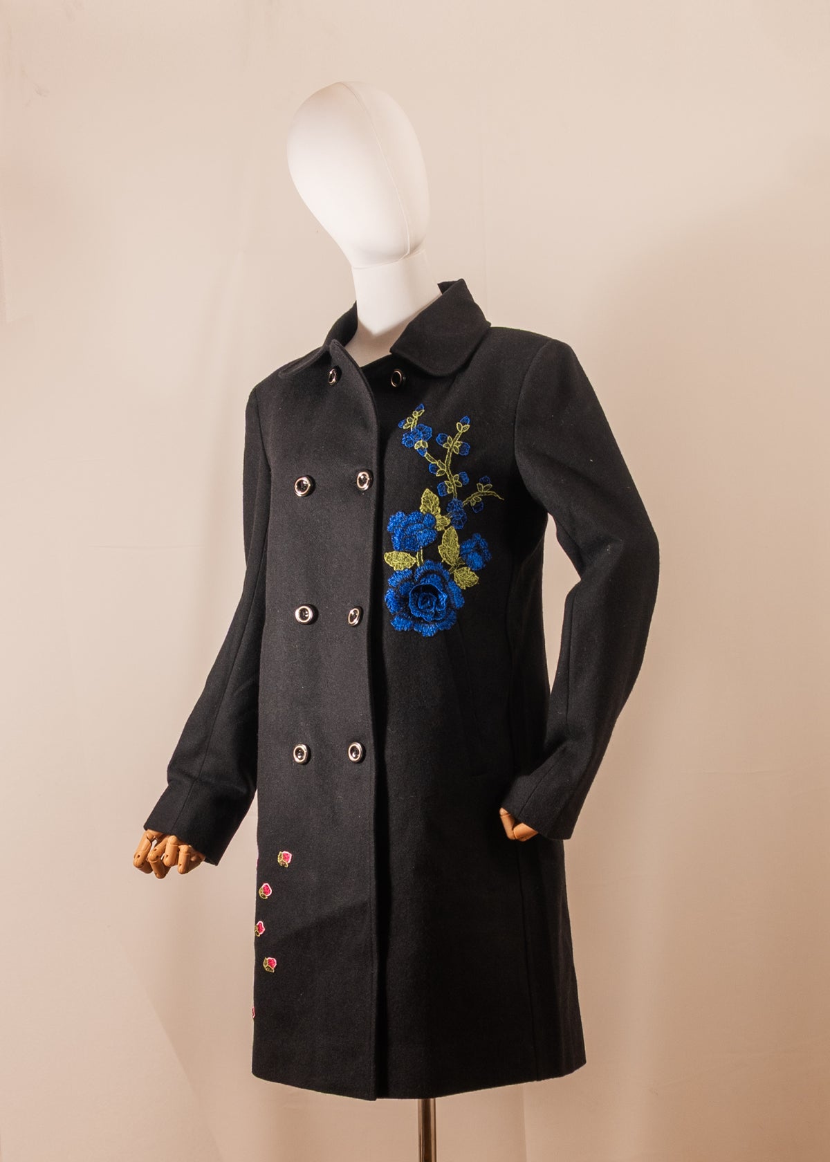 Charcoal Coat with Blue Floral Embroidery