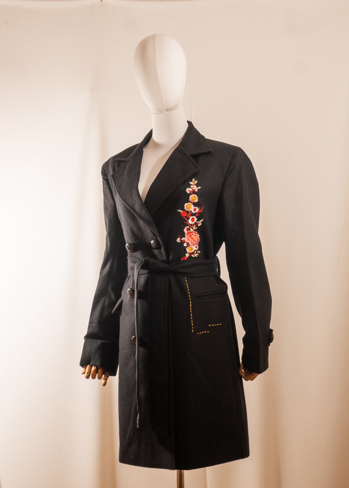 Floral Belted Black Coat