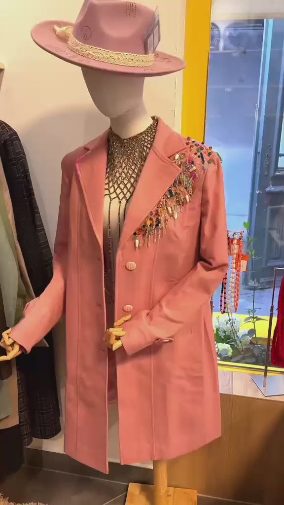 Pink Coat with Colourful Hand-Beaded Detail
